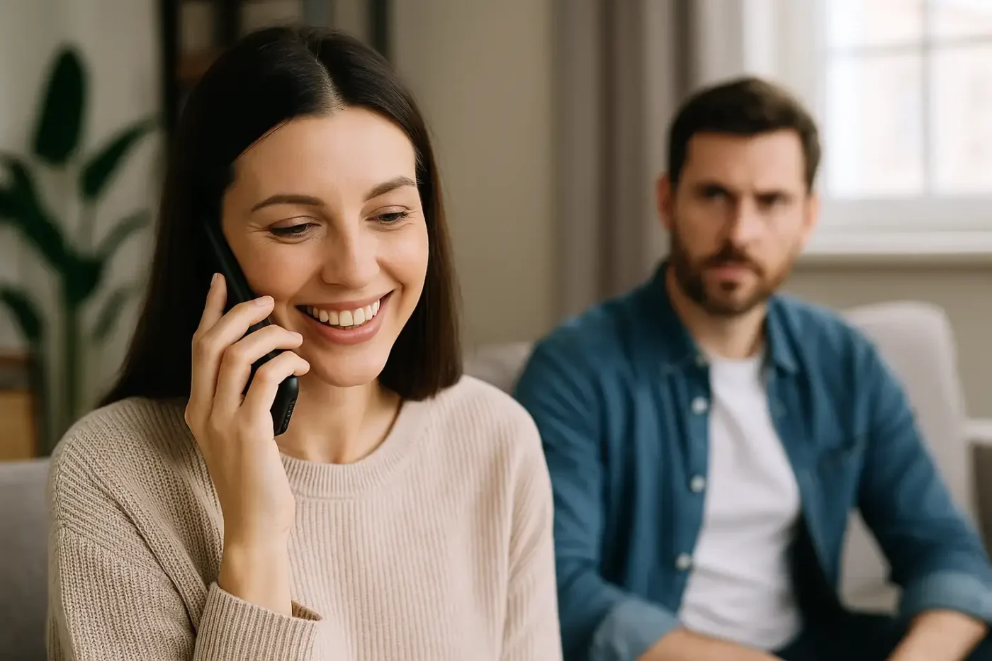 Die Kundin vom Alibiservice führt ein fingiertes Telefonat, während ihr Mann mithört.