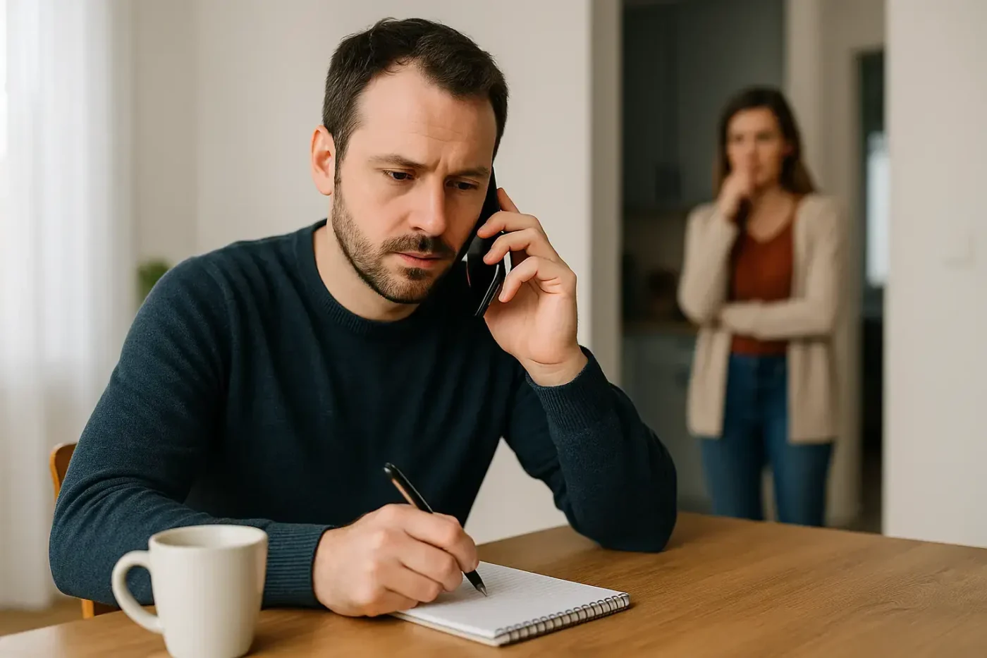 Kunde vom Alibiservice führt ein abgesprochenes Telefonat als Alibi, während seine Frau im Hintergrund mithört.