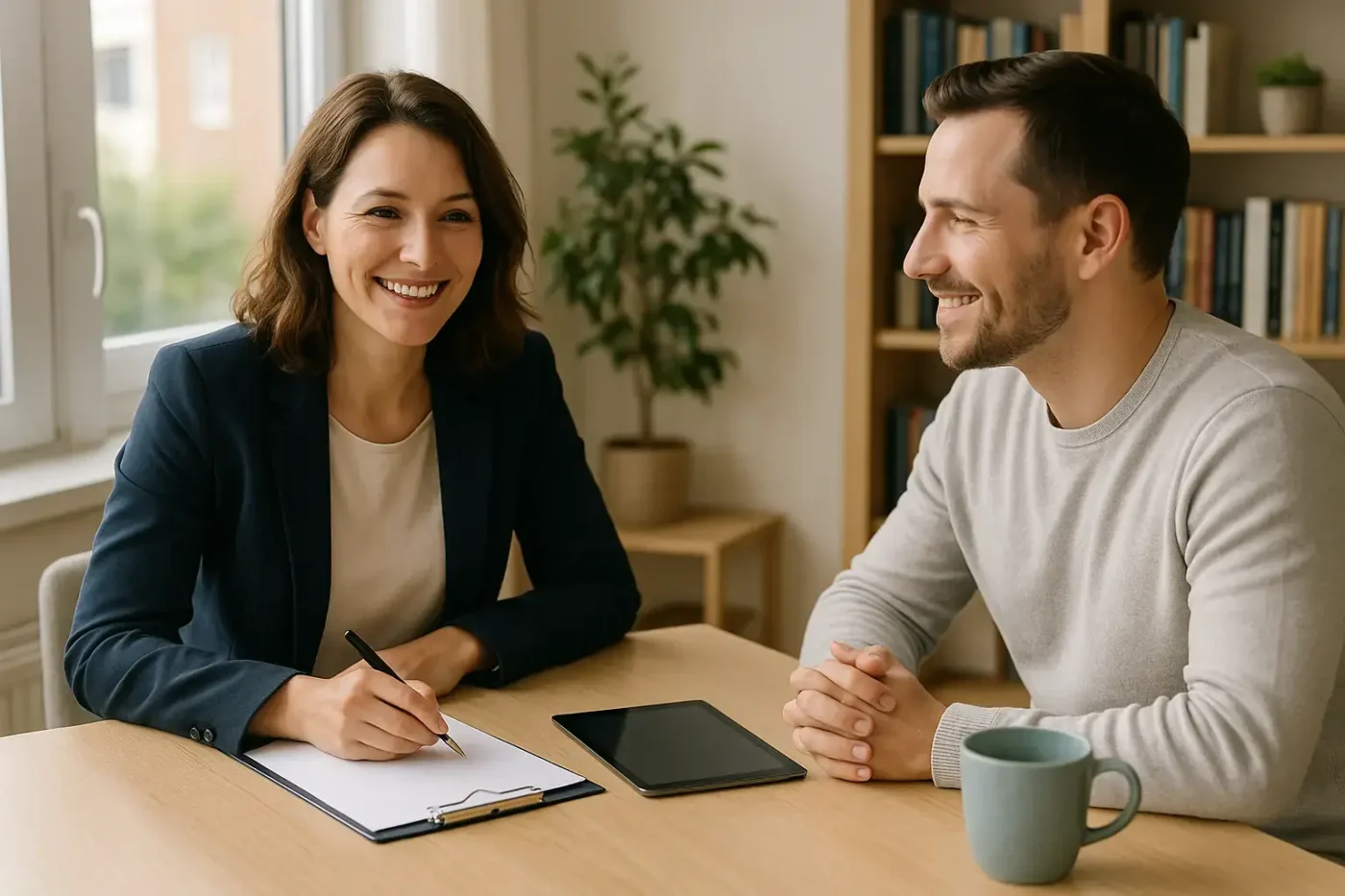 Alibiservice mit professioneller Alibi Beratung im Büro mit einer Mitarbeiterin und einem Kunden.