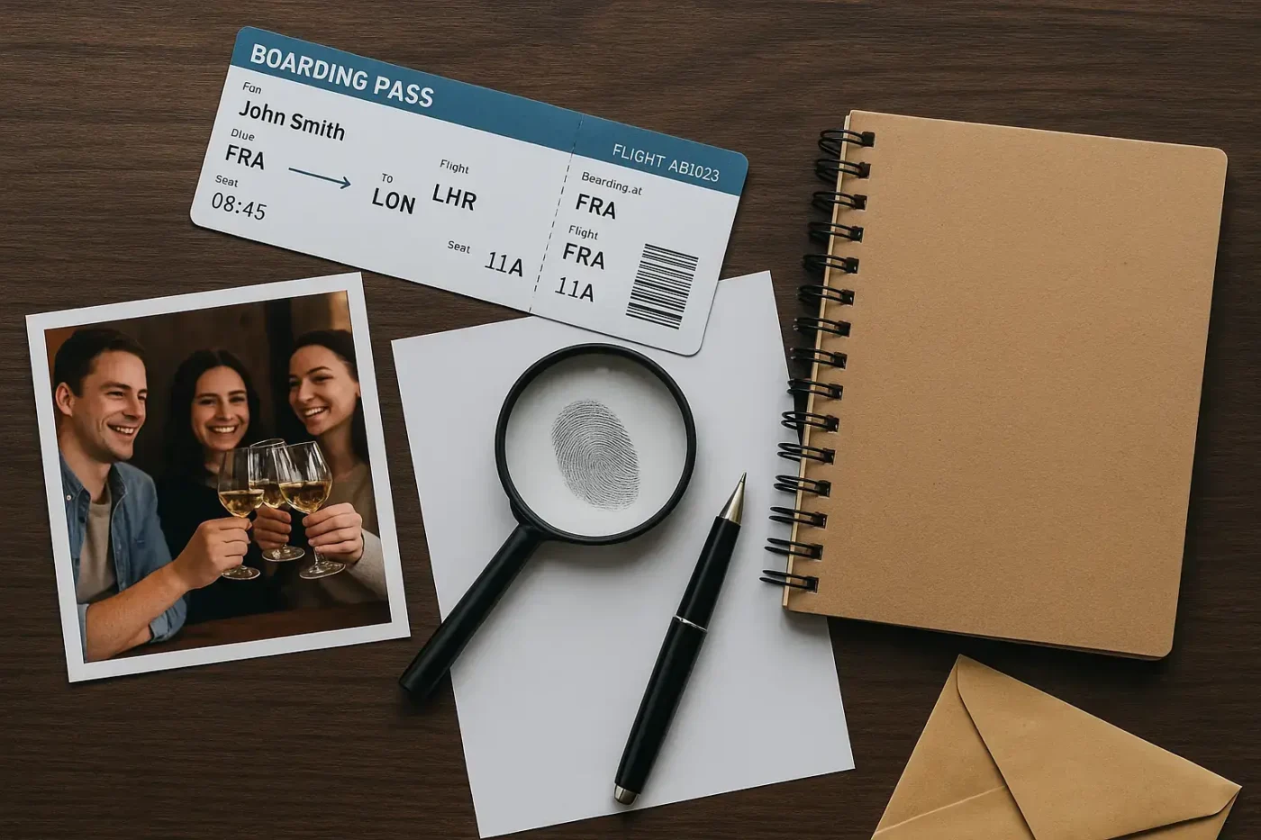 Ein perfektes Alibi mit Beweisen besteht aus Fotos, Nachweisen und Tickets.