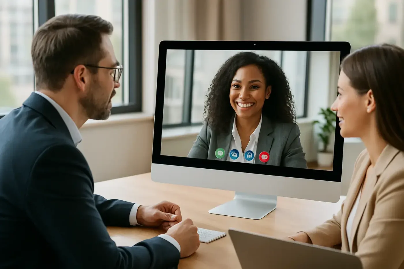 Professionelle Alibi Beratung vom Alibiservice im Büro mit einer Videokonferenz.