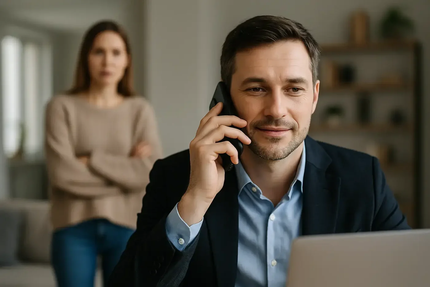 Während er telefoniert, spürt er die gespannte Aufmerksamkeit ganz nah – ein Telefonisches Alibi erfordert nicht nur Worte, sondern auch Fingerspitzengefühl.
